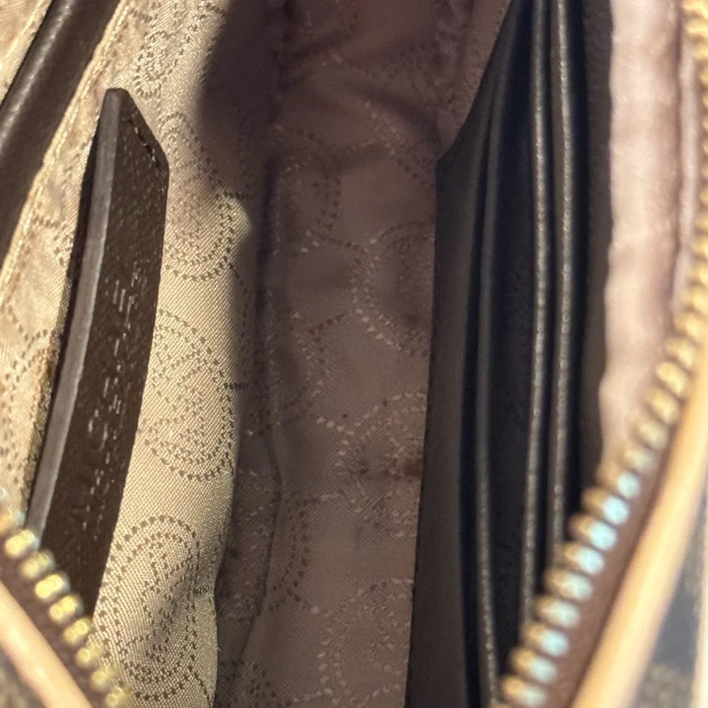 Michael Kors Dark Brown Monogram Camera Crossbody Bag with Gold Accents